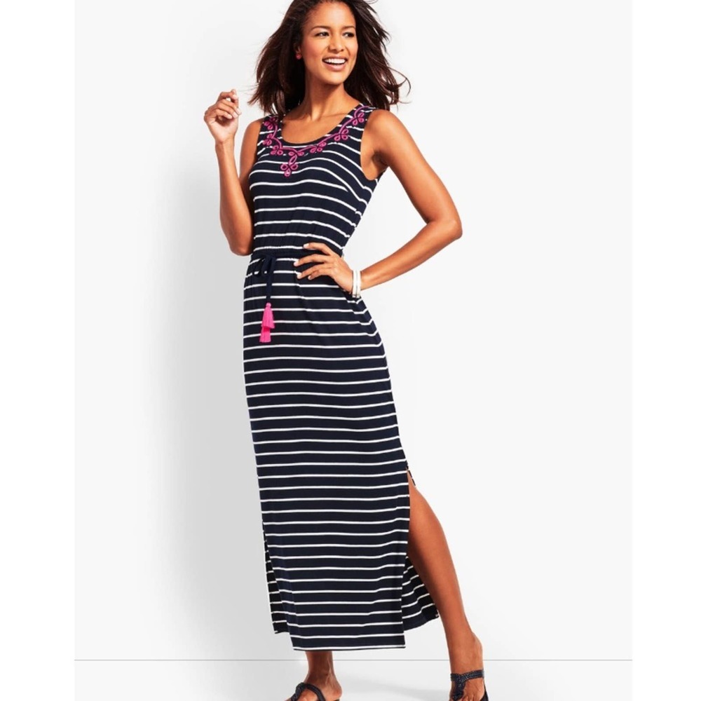 Talbots EMBROIDERED TASSEL-BELT STRIPE JERSEY MAXI DRESS Size 3X